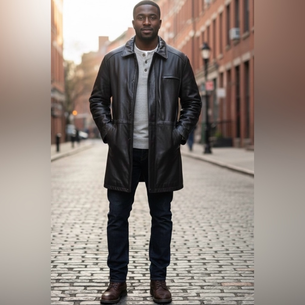 RBM Outdoor Collection Black Genuine Leather Car Coat/Jacket, Size XL